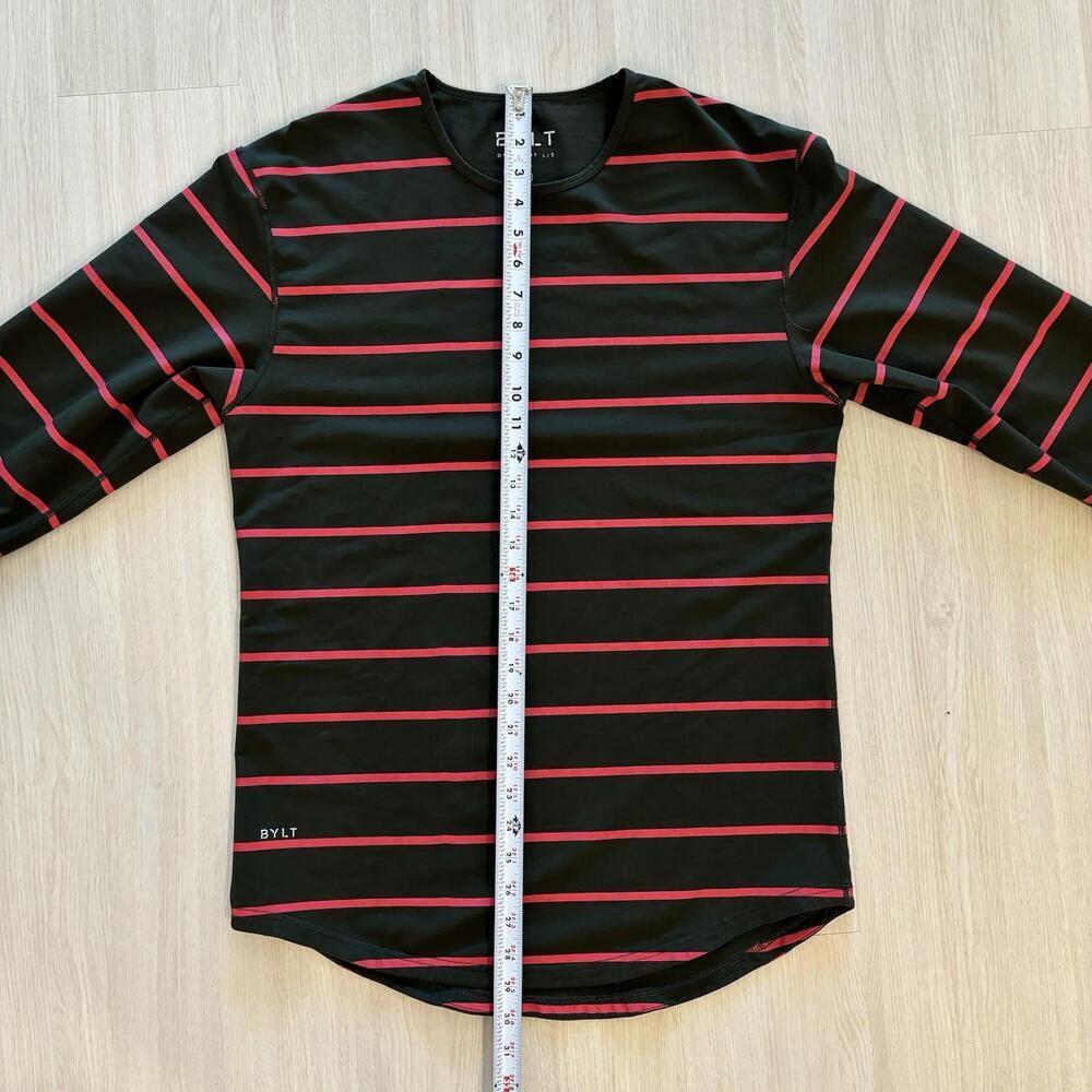 Men’s BYLT Basics Green And Red Striped Long Sleeve Shirt - Size M -Drop Cut Lux - Picture 6 of 6